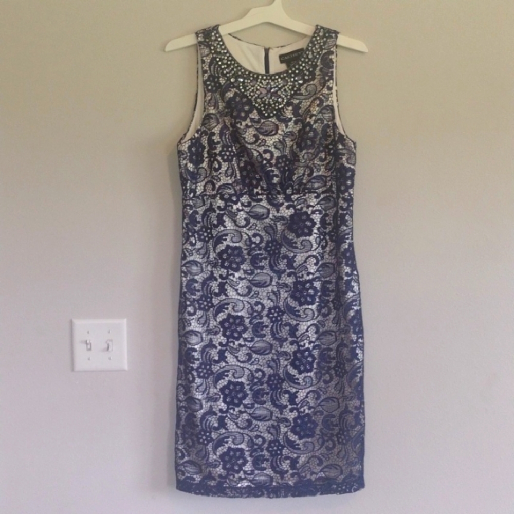 Cachet Cocktail Navy Blue Lace floral dress